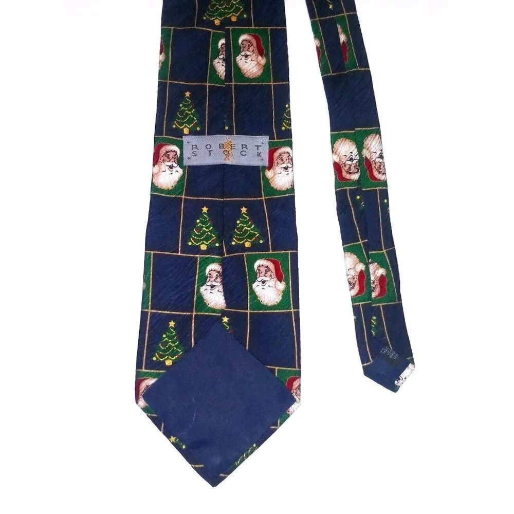 Robert Stock Mens Tie Necktie Santa & Christmas tree print 100% SILK USA MADE